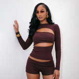 Women Sexy Hollow Out Long Sleeve Top and Shorts Two Piece Set