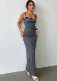 Women Color Contrast Thin Striped Strap Bodycon Maxi Dress