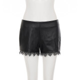 Women Sexy Stretchy Lace Patchwork PU Leather Shorts