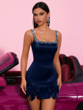 Women Summer Rhinestone Strap Bow Mini Evening Dress
