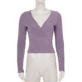 Women Sexy Purple Ribbed Crisscross Long Sleeve T-shirt