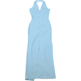 Women Summer Halter Neck Backless Solid Ruched Sexy Slit Bodycon Dress
