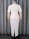 Plus Size Women White Rhinestone Square Neck Short Sleeve Embellished Bodycon Dress