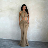 Women Summer Halter Neck Hollow Out Backless Ruched Bodycon Dress