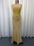 Women Sexy Strapless Boned Ruched Bodycon Dress