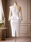 Plus Size Women White Jacquard Slash Shoulder Ruffle Formal Party Bodycon Dress