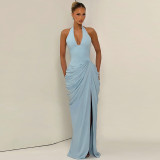 Women Summer Halter Neck Backless Solid Ruched Sexy Slit Bodycon Dress