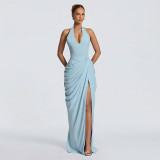 Women Summer Halter Neck Backless Solid Ruched Sexy Slit Bodycon Dress