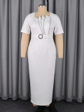 Plus Size Women White Rhinestone Square Neck Short Sleeve Embellished Bodycon Dress