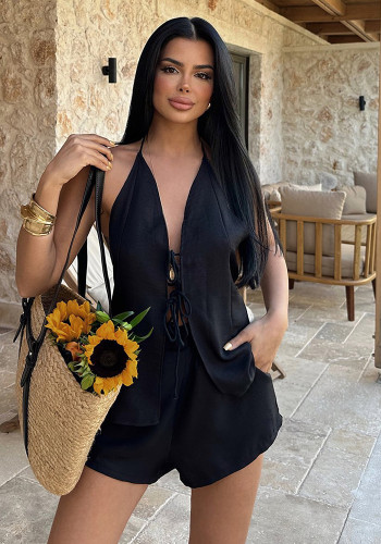 Women Summer Sexy Tie Patchwork Tank Top and Shorts Two Piece Set