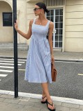 Women French Blue And White Striped Summer Strap Dress