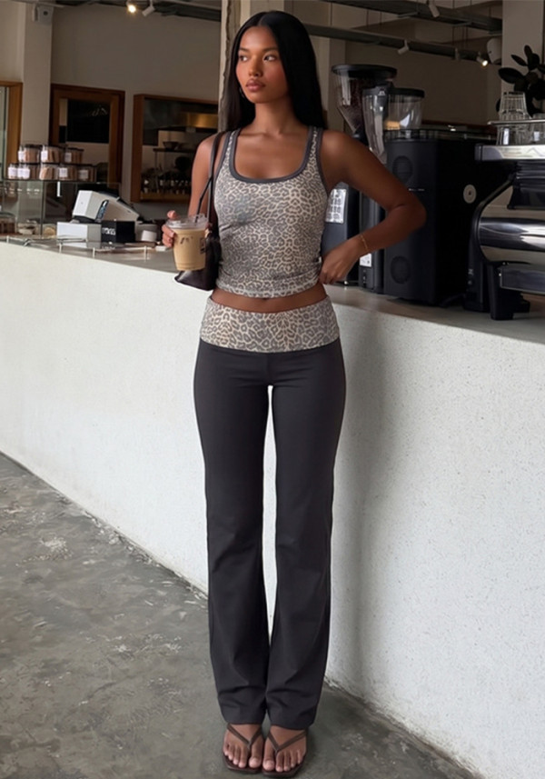 Women Leopard Print Tank Top and Color Block Bell Bottom Pants Two Piece Set