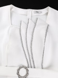 Plus Size Women White Rhinestone Square Neck Short Sleeve Embellished Bodycon Dress