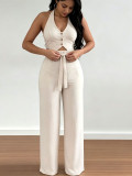 Women Sexy Solid Vest and Lace-Up Pants Two Piece Set
