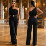 Women Mesh Slash Shoulder Formal Party Wide Leg Jumpsuit