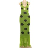 Women Autumn Sexy Knitted Black Polka Dot Tassel Bodycon Maxi Dress