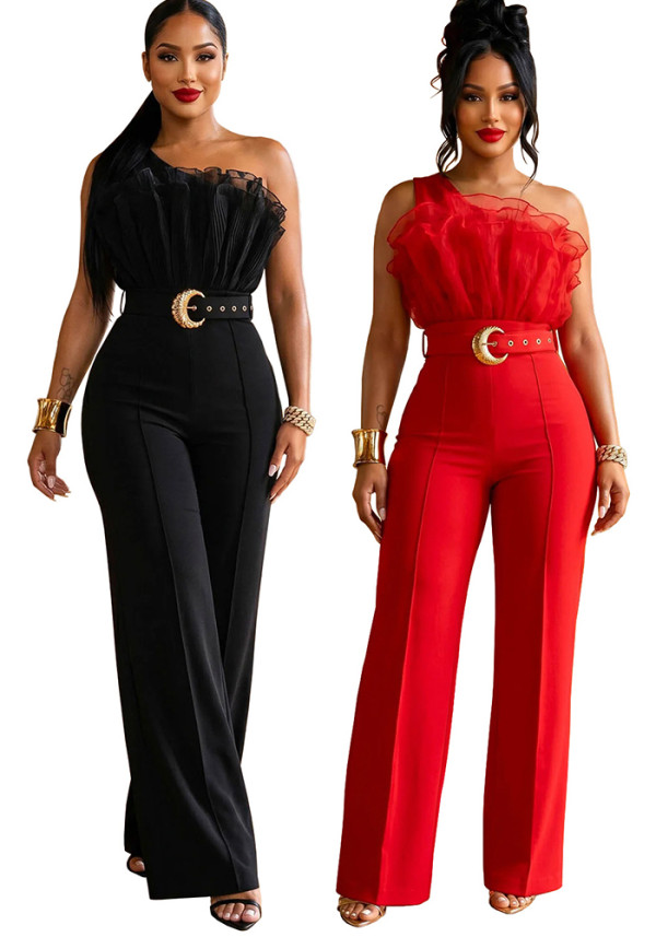 Women Mesh Slash Shoulder Formal Party Wide Leg Jumpsuit