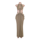 Women Summer Halter Neck Hollow Out Backless Ruched Bodycon Dress