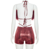 Women Summer Autumn Backless Hollow Out Furry Patchwork Halter Neck Tie Romper