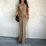 Women Summer Halter Neck Hollow Out Backless Ruched Bodycon Dress
