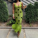 Women Autumn Sexy Knitted Black Polka Dot Tassel Bodycon Maxi Dress
