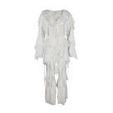 Women Long Sleeve Tie Top and Ruffle Lace-Up Pants Two Piece Set