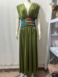 Women Ethnic Pleated Print Patchwork Sleeveless Casual Maxi Dress