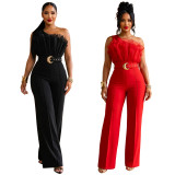 Women Mesh Slash Shoulder Formal Party Wide Leg Jumpsuit