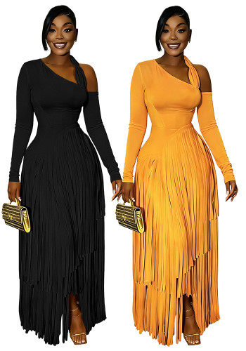 Plus Size Women African Tassel Long Sleeve Dress