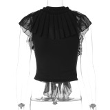 Women Summer Sexy V Neck Ruffle Patchwork Lace-Up Sleeveless Top