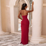 Women Summer Halter Neck Backless Solid Ruched Sexy Slit Bodycon Dress