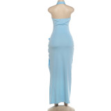Women Summer Halter Neck Backless Solid Ruched Sexy Slit Bodycon Dress