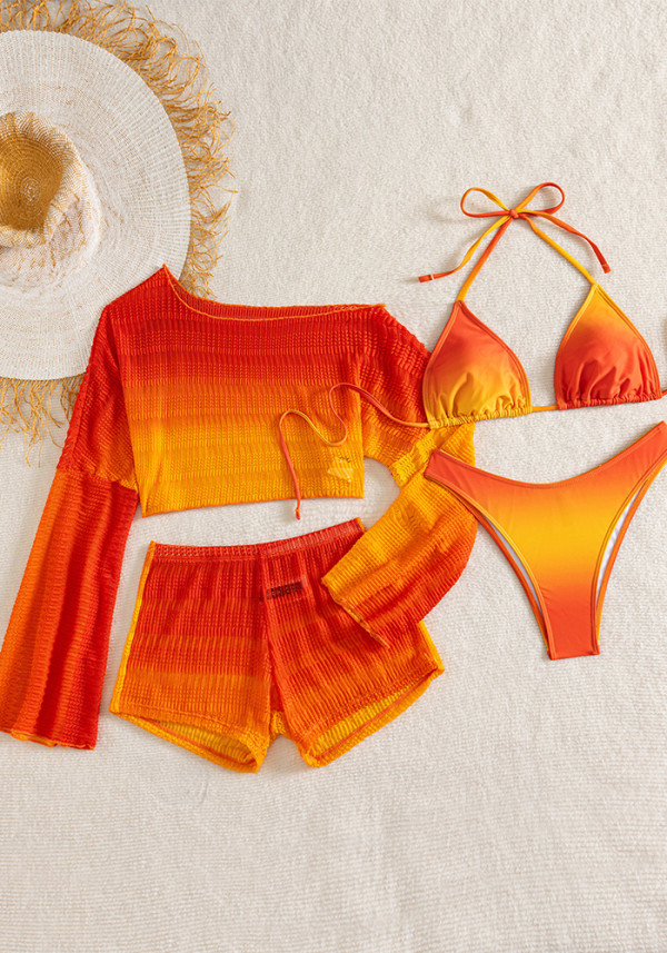 Women Gradient Halter Neck Tie Sexy Slash Shoulder Long Sleeve Top and Shorts 4 Piece Swimwear Set