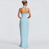 Women Summer Halter Neck Backless Solid Ruched Sexy Slit Bodycon Dress