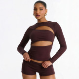Women Sexy Hollow Out Long Sleeve Top and Shorts Two Piece Set