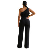 Women Mesh Slash Shoulder Formal Party Wide Leg Jumpsuit