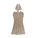 Women Summer Halter Neck Hollow Out Backless Ruched Bodycon Dress