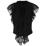 Women Summer Sexy V Neck Ruffle Patchwork Lace-Up Sleeveless Top