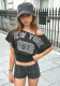 Women American Letter Print Irregular Slash Shoulder Short Sleeve Crop Top