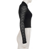 Women Sexy Lace Patchwork Hollow Out Button Long Sleeve Top