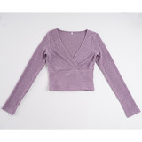Women Sexy Purple Ribbed Crisscross Long Sleeve T-shirt