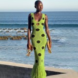 Women Autumn Sexy Knitted Black Polka Dot Tassel Bodycon Maxi Dress