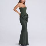 Women Sexy Strapless Boned Ruched Bodycon Dress