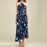 Women Halter Neck Pleated Ruffle Maxi Dress
