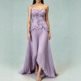 Women Ruched Solid Floral Applique Irregular Shiny Ruffle Edge Top and Pleated Midi Skirt Two Piece Set
