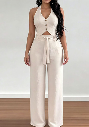 Women Sexy Solid Vest and Lace-Up Pants Two Piece Set