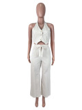 Women Sexy Solid Vest and Lace-Up Pants Two Piece Set