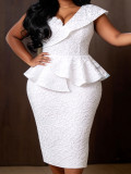 Plus Size Women White Jacquard Slash Shoulder Ruffle Formal Party Bodycon Dress