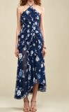 Women Halter Neck Pleated Ruffle Maxi Dress
