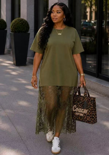 Women Summer Round Neck T-shirt With Lace Splicing Casual Dress